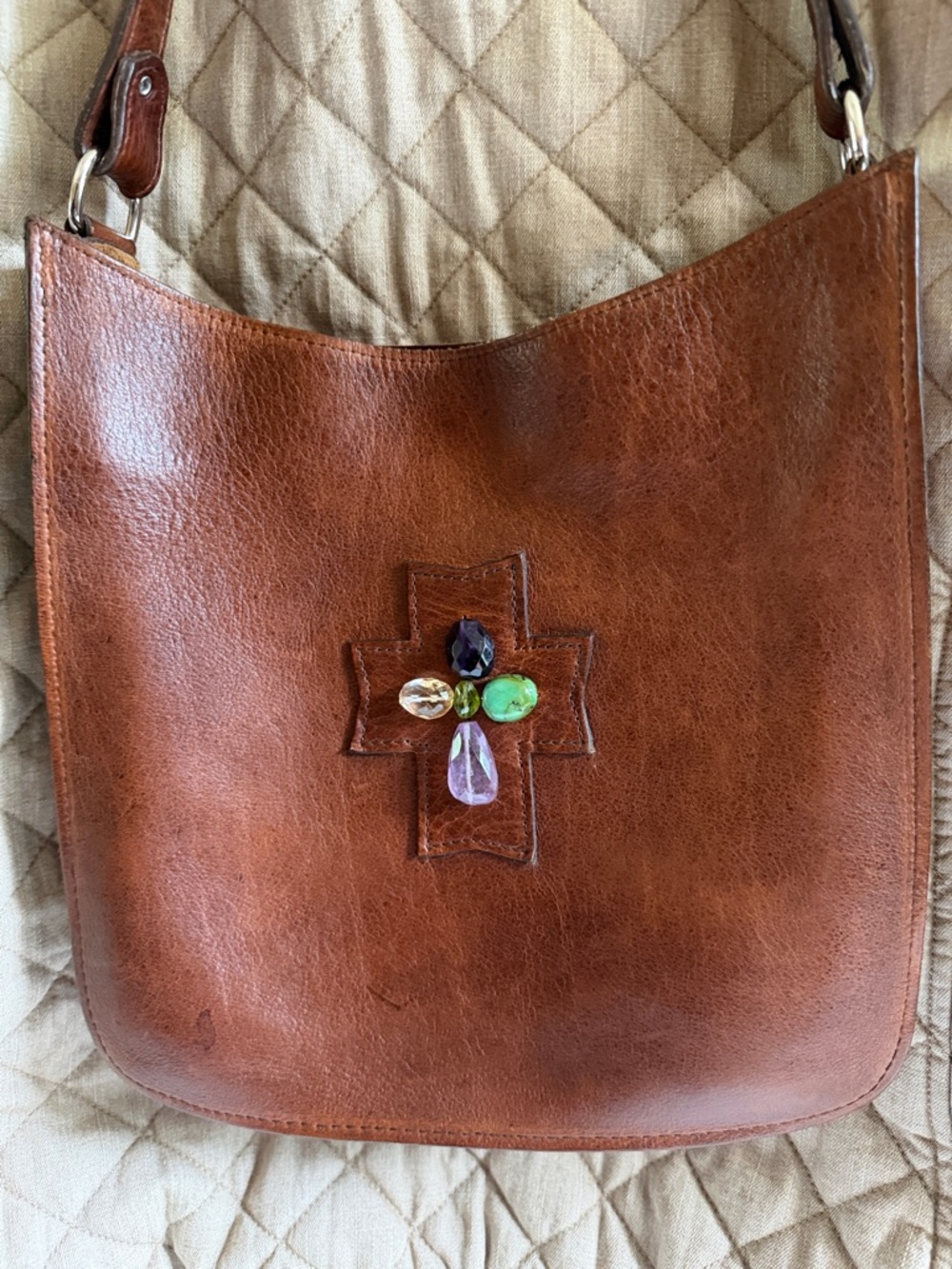 Two Bar West Brown Leather Faceted Stone Studded Shoulder Bag Purse Western Boho
